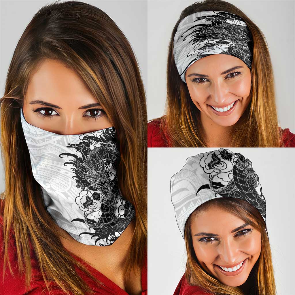 Hawaiian And Japanese Culture Neck Gaiter Irezumi Dragon With Polynesian Pattern White LT05 - Polynesian Pride