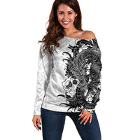Hawaiian And Japanese Culture Off Shoulder Sweater Irezumi Dragon With Polynesian Pattern White - Polynesian Pride