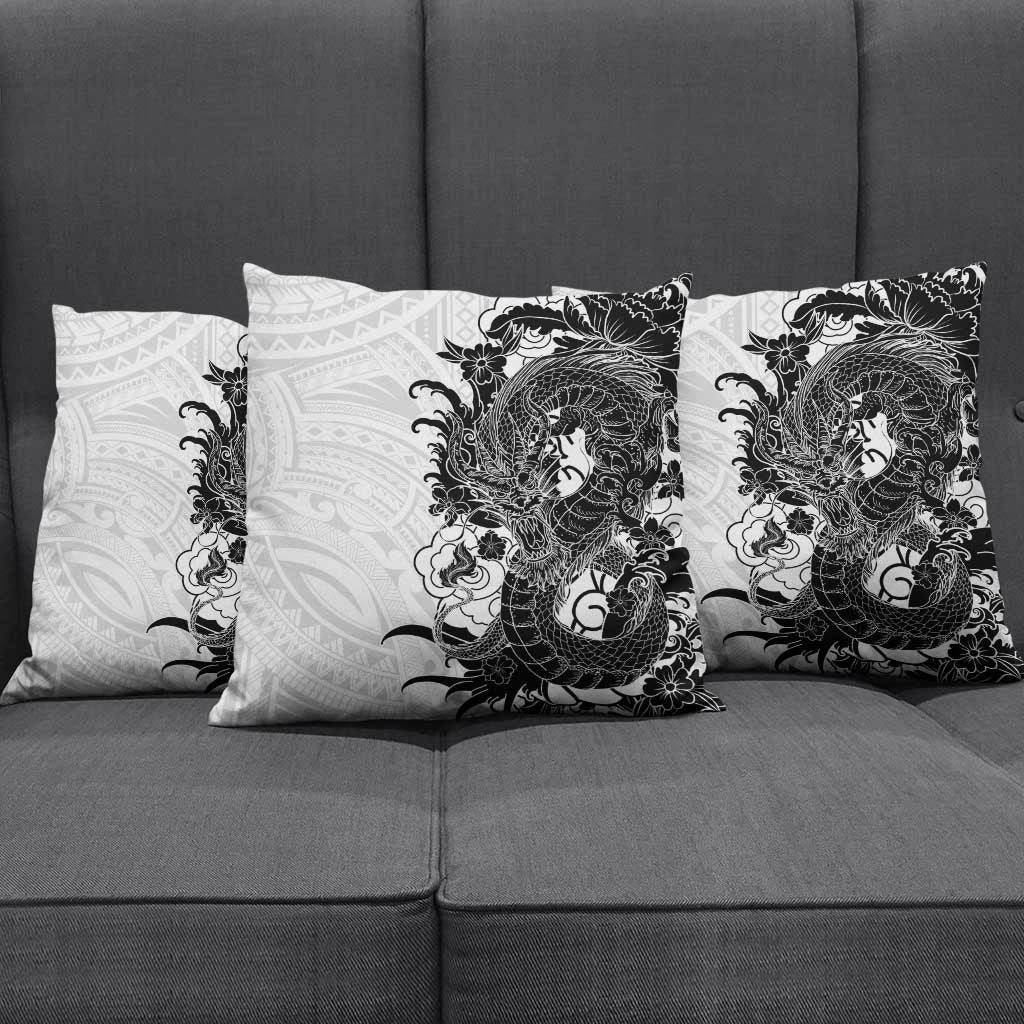 Hawaiian And Japanese Culture Pillow Cover Irezumi Dragon With Polynesian Pattern White - Polynesian Pride