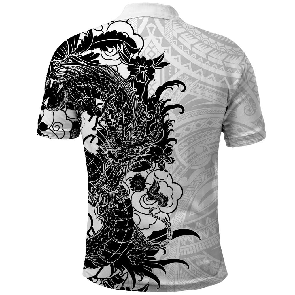 Hawaiian And Japanese Culture Polo Shirt Irezumi Dragon With Polynesian Pattern White - Polynesian Pride