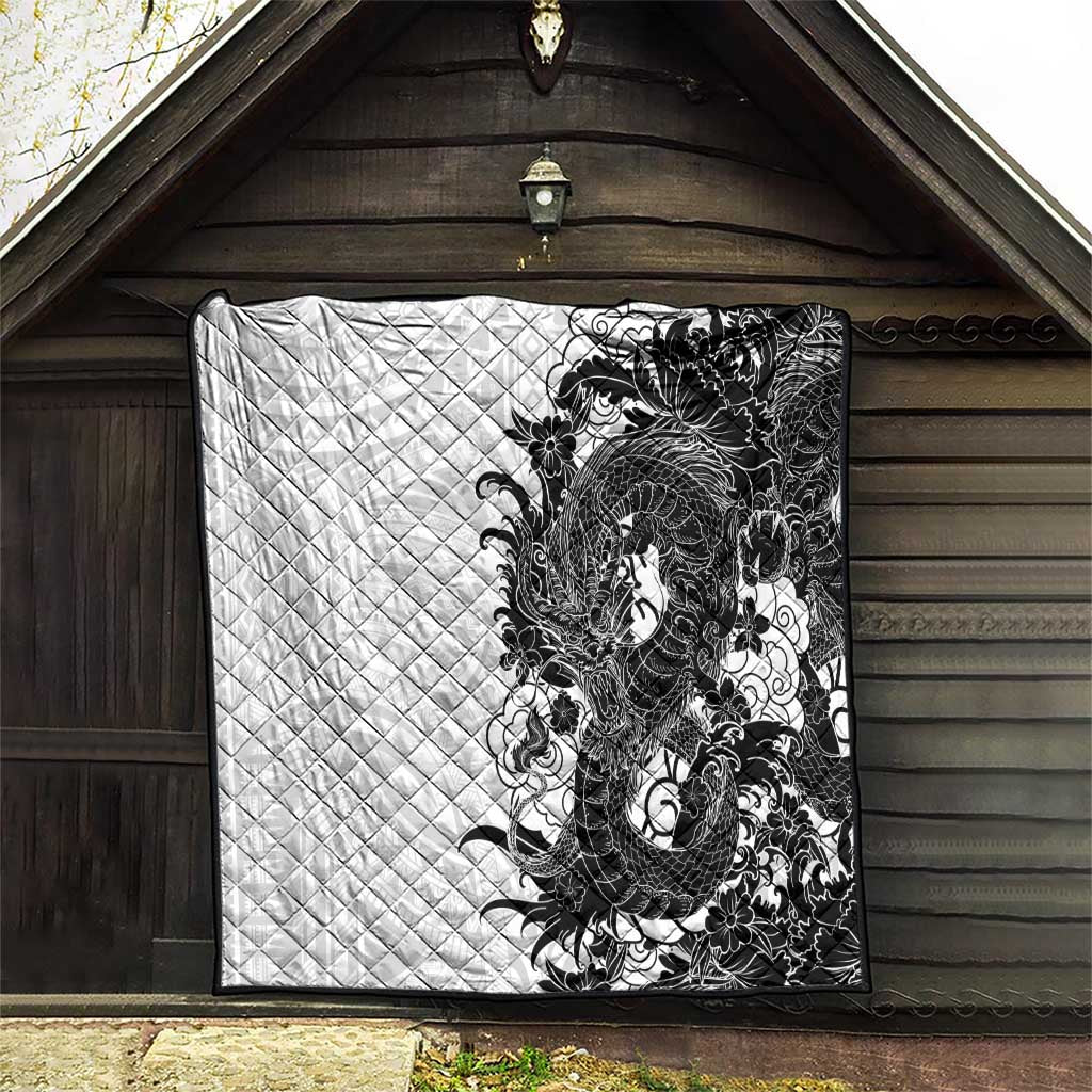 Hawaiian And Japanese Culture Quilt Irezumi Dragon With Polynesian Pattern White - Polynesian Pride