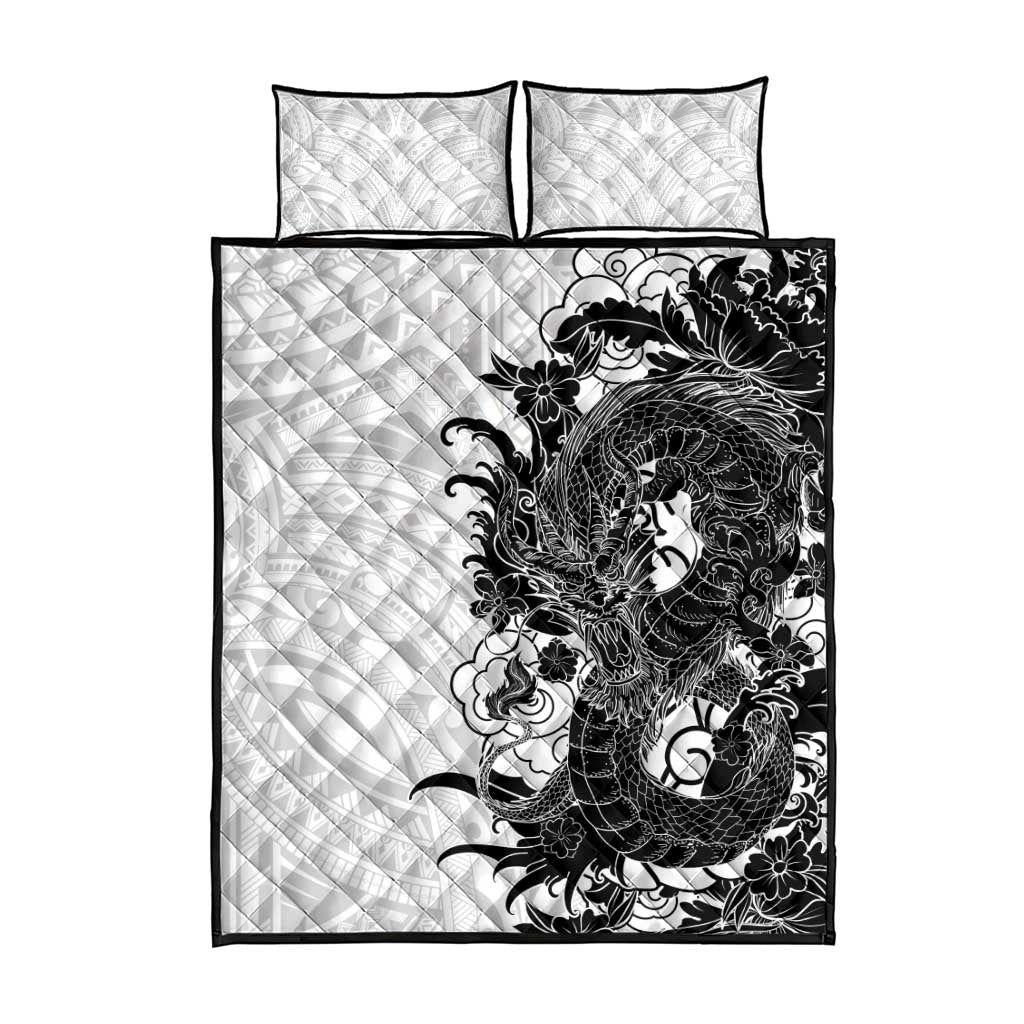 Hawaiian And Japanese Culture Quilt Bed Set Irezumi Dragon With Polynesian Pattern White - Polynesian Pride