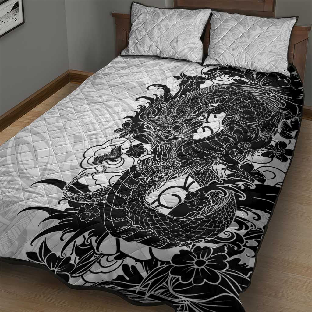 Hawaiian And Japanese Culture Quilt Bed Set Irezumi Dragon With Polynesian Pattern White - Polynesian Pride