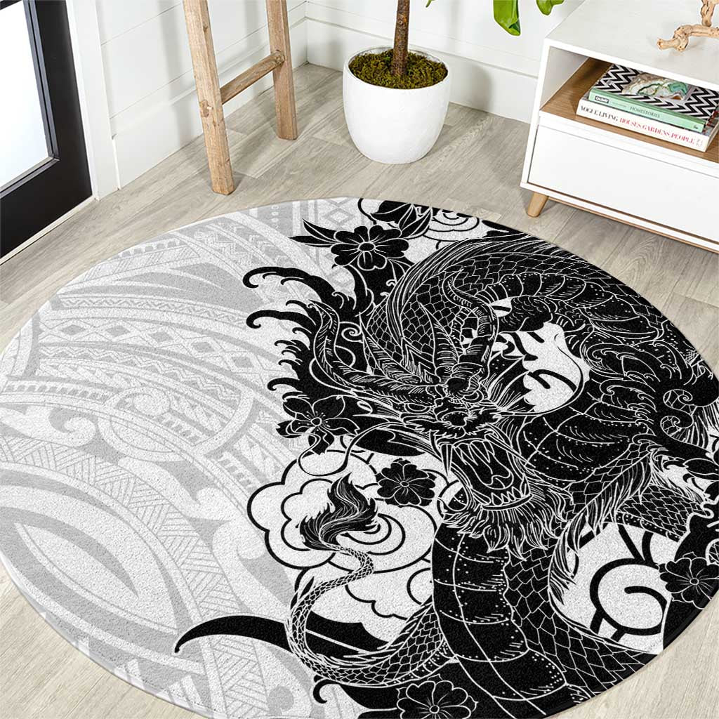 Hawaiian And Japanese Culture Round Carpet Irezumi Dragon With Polynesian Pattern White - Polynesian Pride