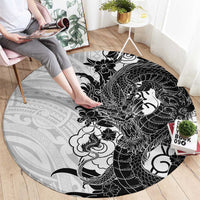 Hawaiian And Japanese Culture Round Carpet Irezumi Dragon With Polynesian Pattern White - Polynesian Pride