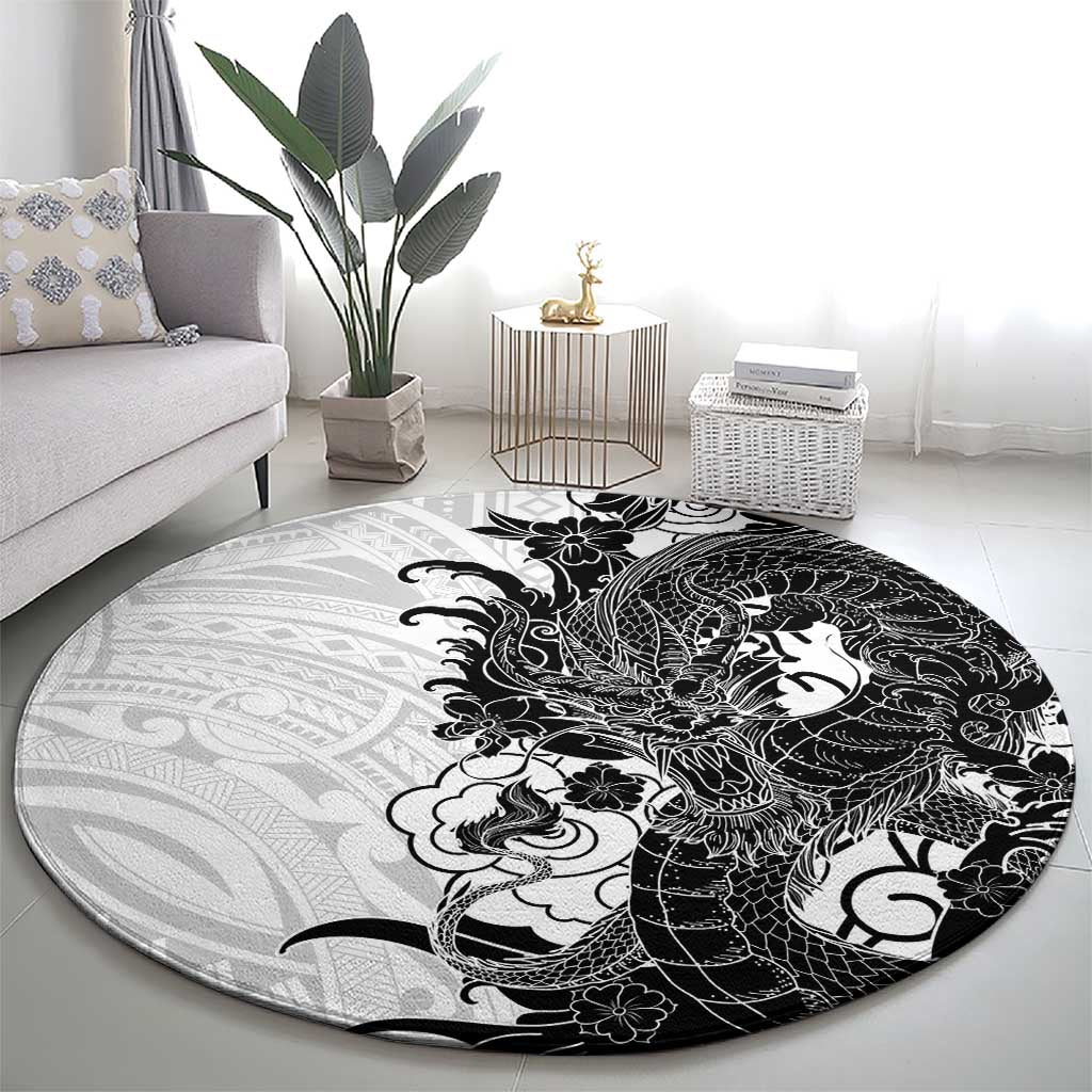 Hawaiian And Japanese Culture Round Carpet Irezumi Dragon With Polynesian Pattern White - Polynesian Pride