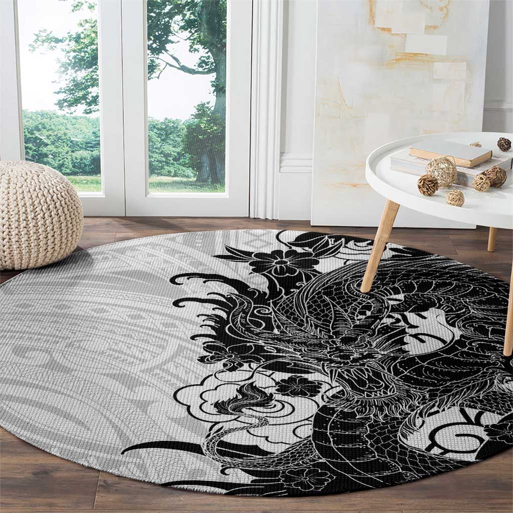 Hawaiian And Japanese Culture Round Carpet Irezumi Dragon With Polynesian Pattern White - Polynesian Pride