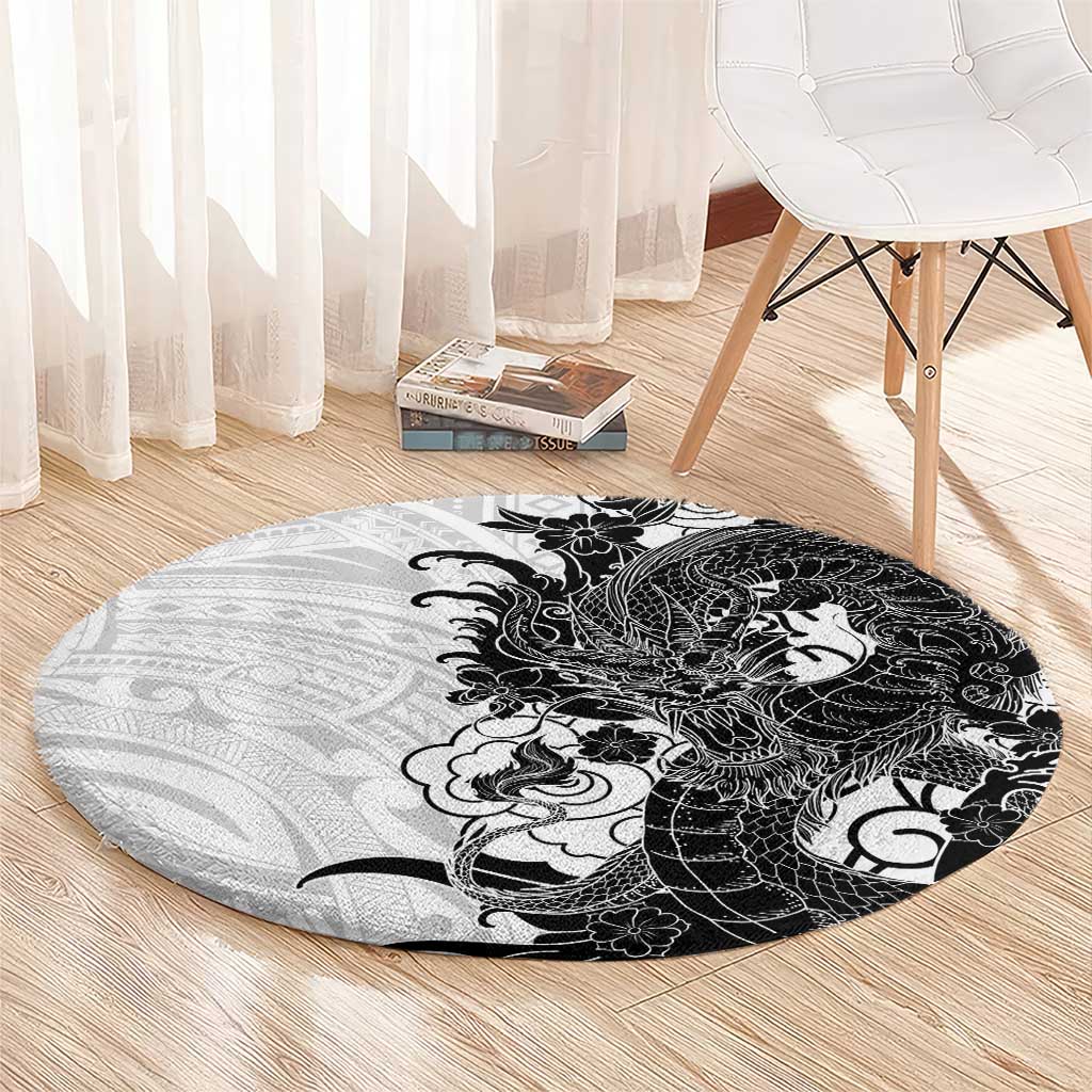 Hawaiian And Japanese Culture Round Carpet Irezumi Dragon With Polynesian Pattern White - Polynesian Pride