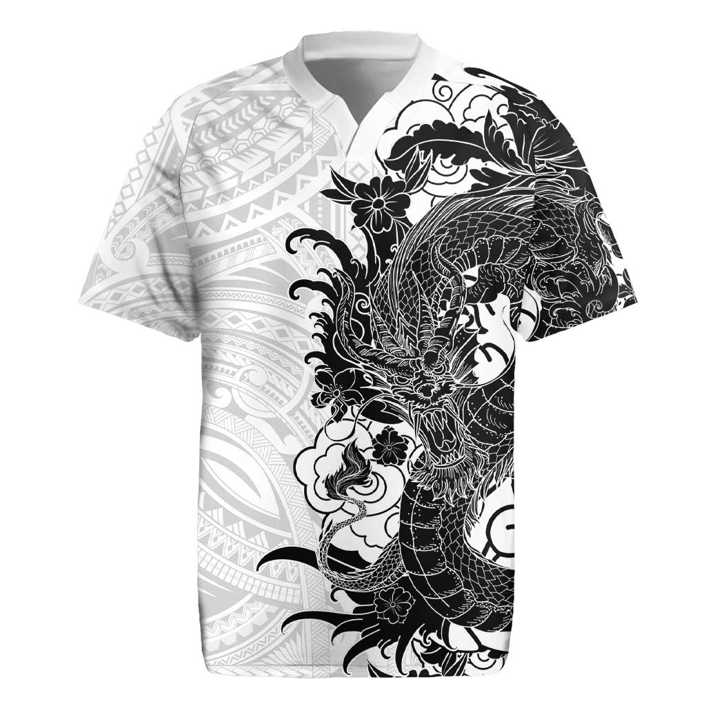 Hawaiian And Japanese Culture Rugby Jersey Irezumi Dragon With Polynesian Pattern White - Polynesian Pride