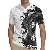 Hawaiian And Japanese Culture Rugby Jersey Irezumi Dragon With Polynesian Pattern White - Polynesian Pride