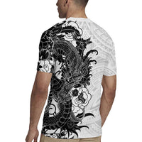 Hawaiian And Japanese Culture Rugby Jersey Irezumi Dragon With Polynesian Pattern White - Polynesian Pride