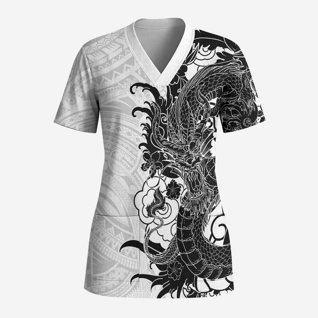 Hawaiian And Japanese Culture Scrub Top Irezumi Dragon With Polynesian Pattern White LT05 Adult White - Polynesian Pride