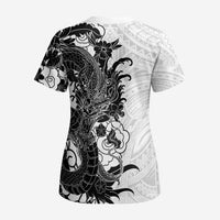 Hawaiian And Japanese Culture Scrub Top Irezumi Dragon With Polynesian Pattern White LT05 - Polynesian Pride