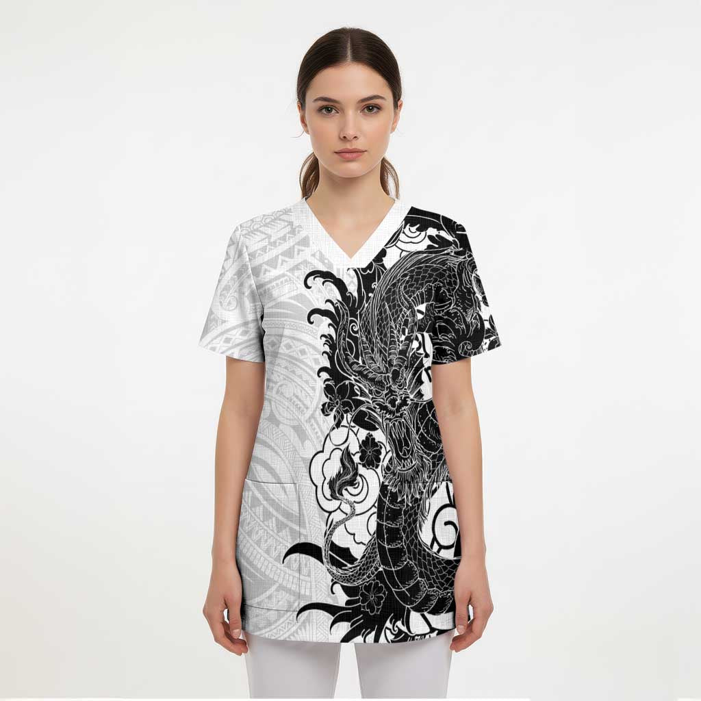 Hawaiian And Japanese Culture Scrub Top Irezumi Dragon With Polynesian Pattern White LT05 - Polynesian Pride