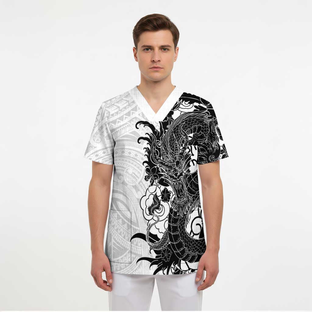 Hawaiian And Japanese Culture Scrub Top Irezumi Dragon With Polynesian Pattern White LT05 - Polynesian Pride