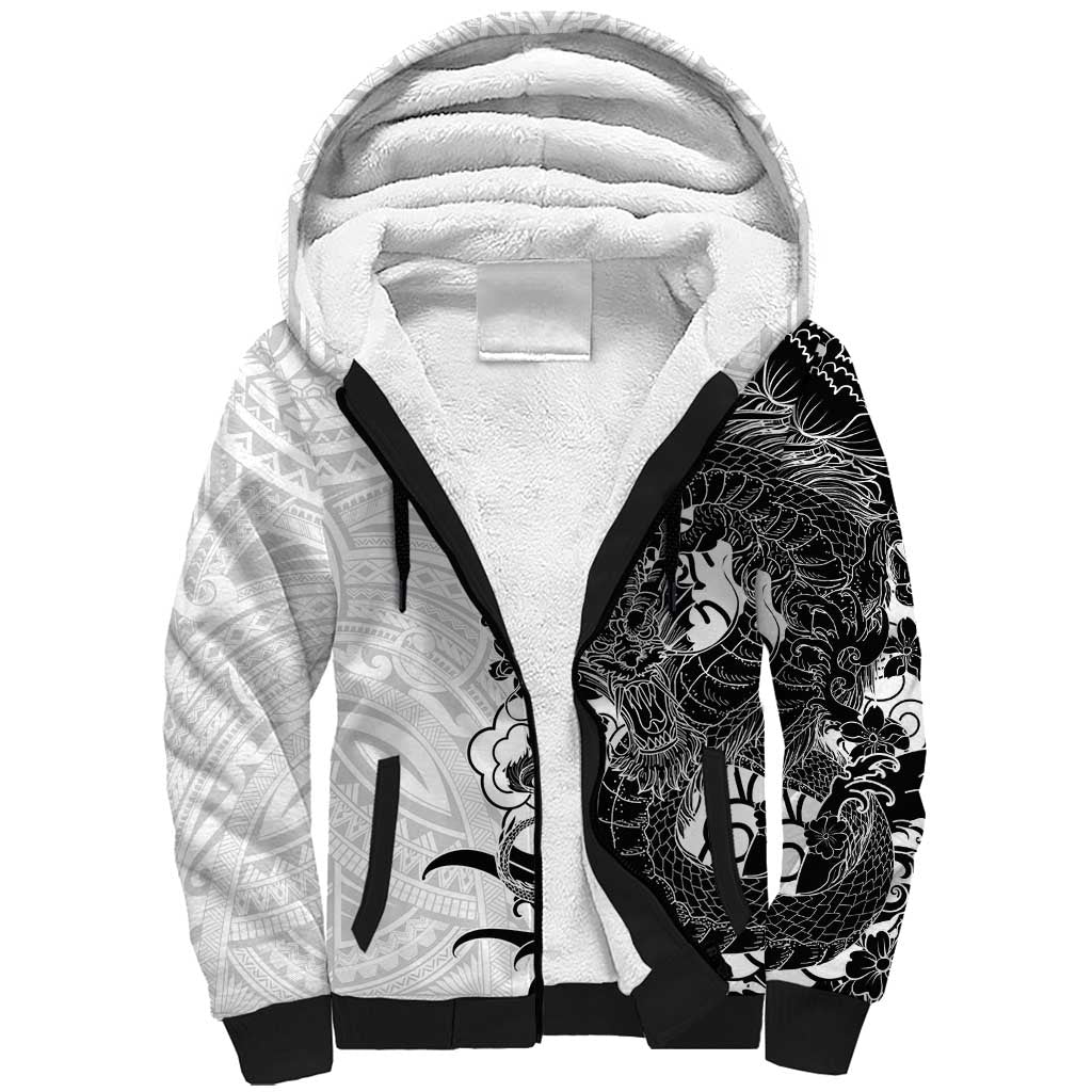 Hawaiian And Japanese Culture Sherpa Hoodie Irezumi Dragon With Polynesian Pattern White - Polynesian Pride