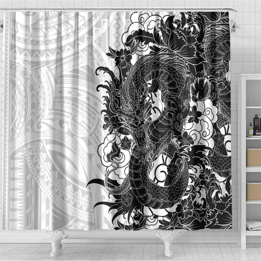 Hawaiian And Japanese Culture Shower Curtain Irezumi Dragon With Polynesian Pattern White - Polynesian Pride