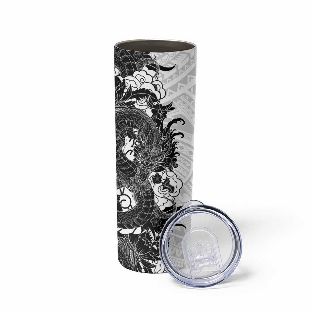 Hawaiian And Japanese Culture Skinny Tumbler Irezumi Dragon With Polynesian Pattern White - Polynesian Pride