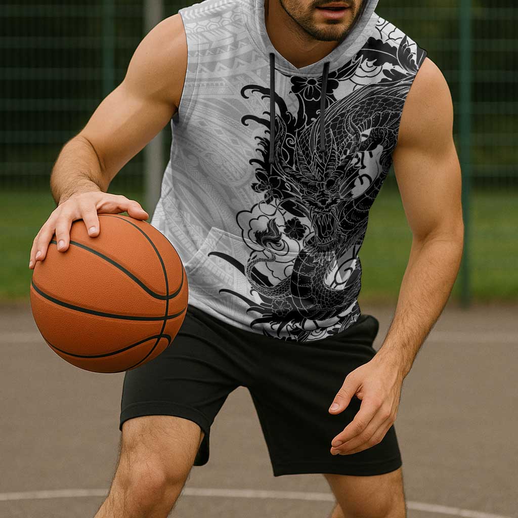 Hawaiian And Japanese Culture Sleeveless Hoodie Irezumi Dragon With Polynesian Pattern White LT05 - Polynesian Pride