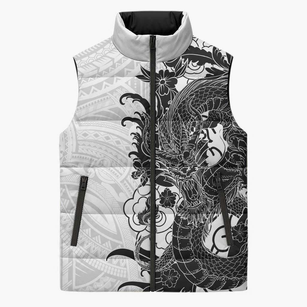 Hawaiian And Japanese Culture Sleeveless Puffer Jacket Irezumi Dragon With Polynesian Pattern White LT05 Unisex White - Polynesian Pride