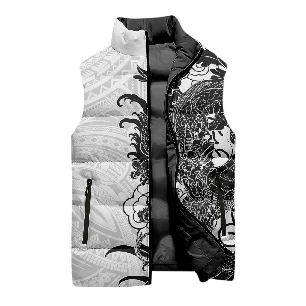 Hawaiian And Japanese Culture Sleeveless Puffer Jacket Irezumi Dragon With Polynesian Pattern White LT05 - Polynesian Pride