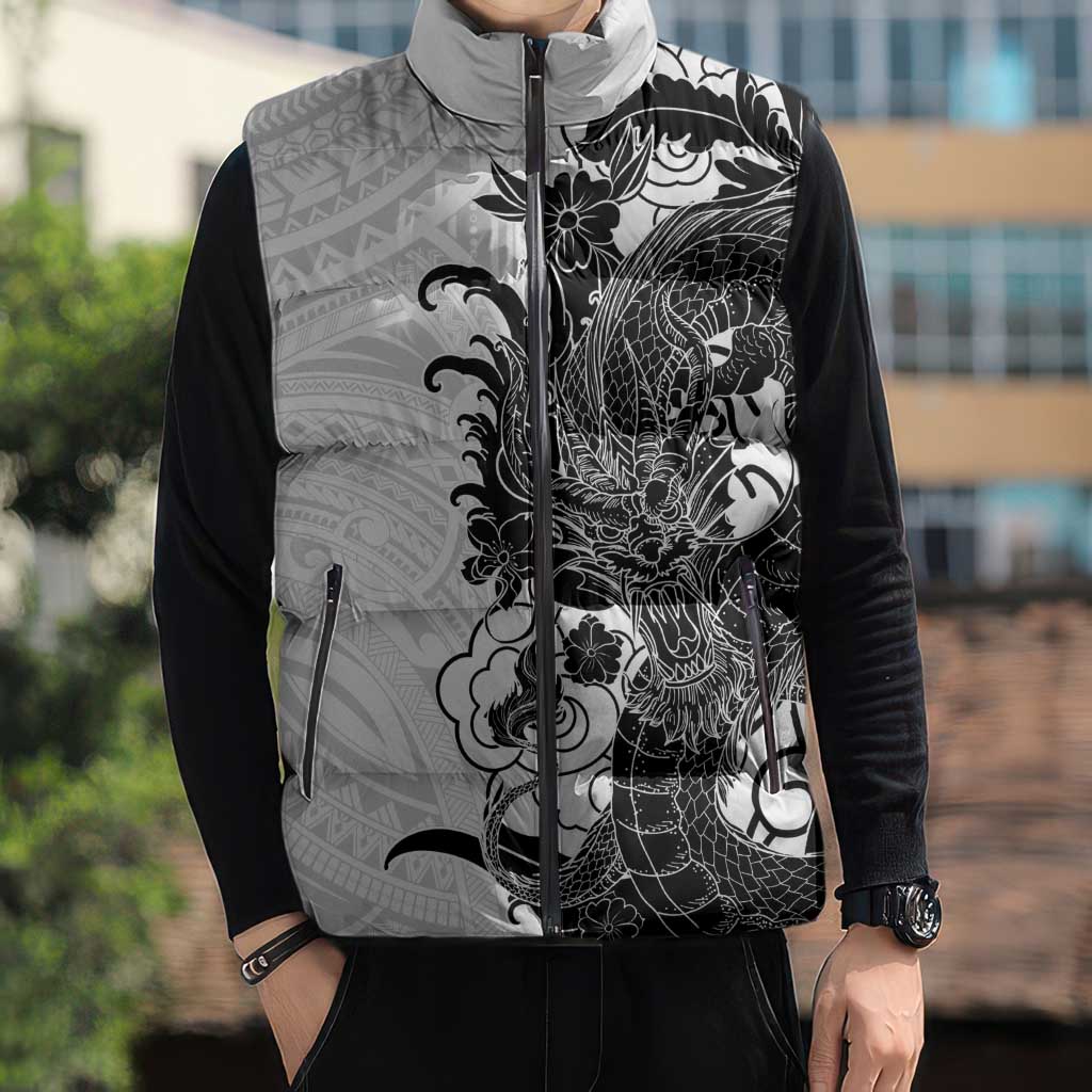 Hawaiian And Japanese Culture Sleeveless Puffer Jacket Irezumi Dragon With Polynesian Pattern White LT05 - Polynesian Pride