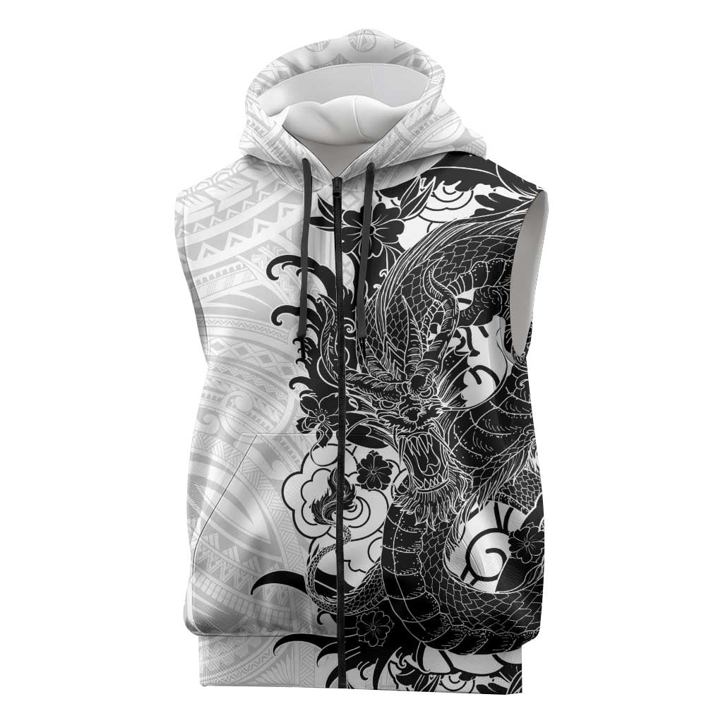 Hawaiian And Japanese Culture Sleeveless Zip Hoodie Irezumi Dragon With Polynesian Pattern White LT05 White - Polynesian Pride