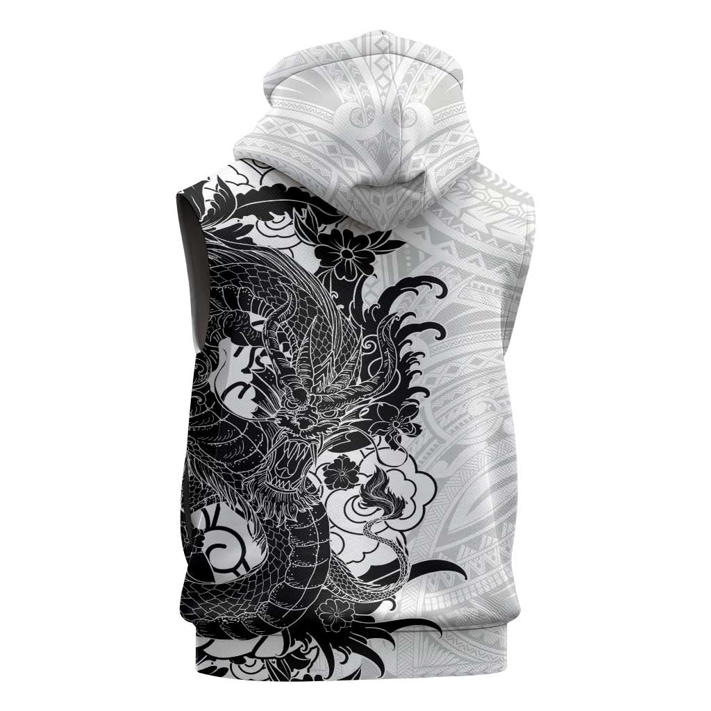 Hawaiian And Japanese Culture Sleeveless Zip Hoodie Irezumi Dragon With Polynesian Pattern White LT05 - Polynesian Pride