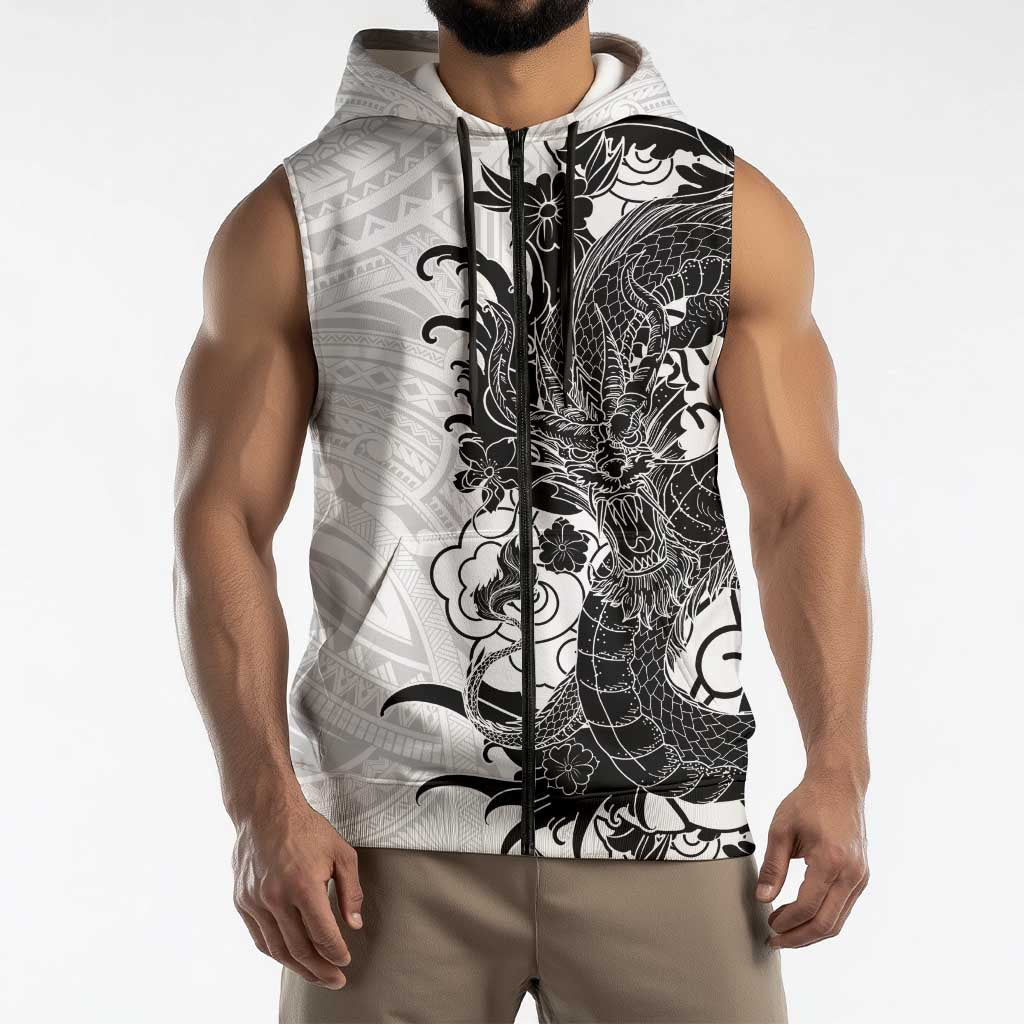 Hawaiian And Japanese Culture Sleeveless Zip Hoodie Irezumi Dragon With Polynesian Pattern White LT05 - Polynesian Pride