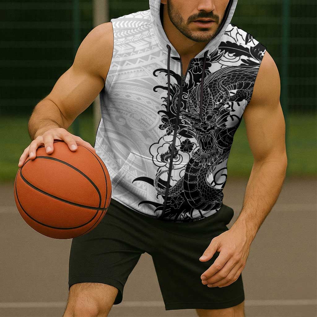 Hawaiian And Japanese Culture Sleeveless Zip Hoodie Irezumi Dragon With Polynesian Pattern White LT05 - Polynesian Pride