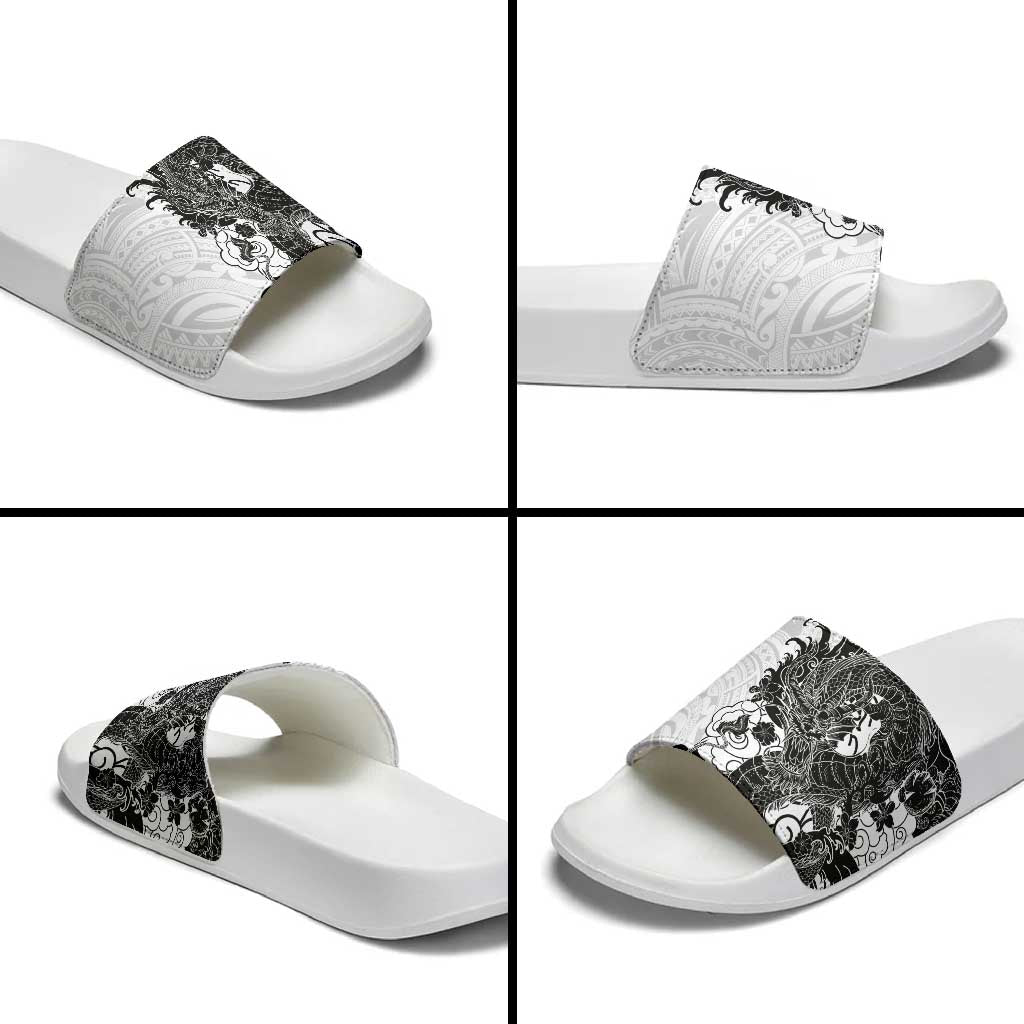 Hawaiian And Japanese Culture Slide Sandals Irezumi Dragon With Polynesian Pattern White - Polynesian Pride