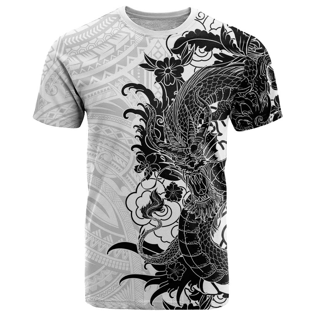 Hawaiian And Japanese Culture T Shirt Irezumi Dragon With Polynesian Pattern White - Polynesian Pride
