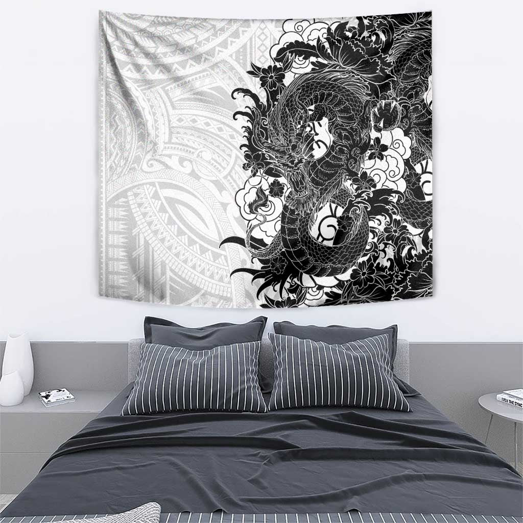 Hawaiian And Japanese Culture Tapestry Irezumi Dragon With Polynesian Pattern White - Polynesian Pride