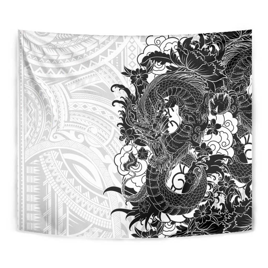Hawaiian And Japanese Culture Tapestry Irezumi Dragon With Polynesian Pattern White - Polynesian Pride
