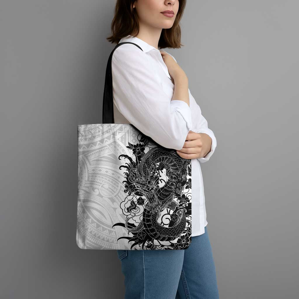 Hawaiian And Japanese Culture Tote Bag Irezumi Dragon With Polynesian Pattern White - Polynesian Pride
