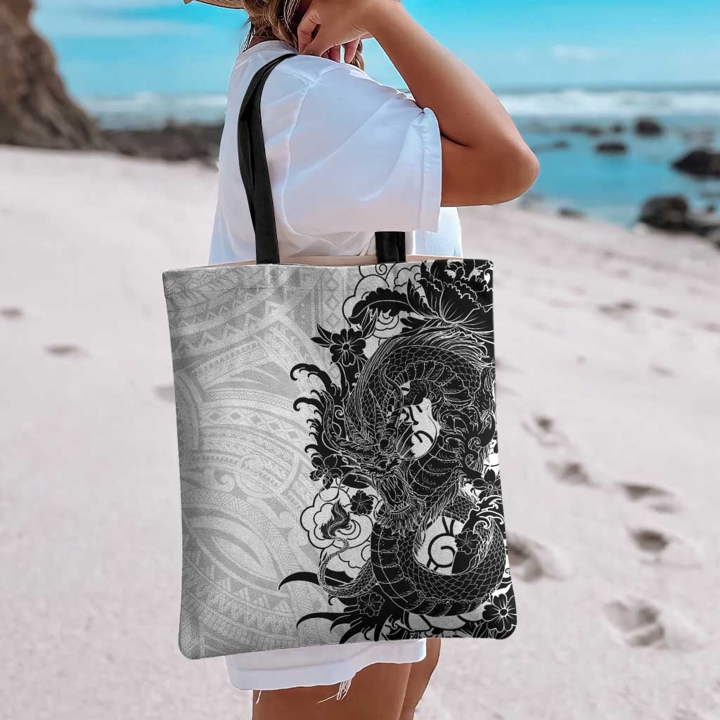 Hawaiian And Japanese Culture Tote Bag Irezumi Dragon With Polynesian Pattern White - Polynesian Pride