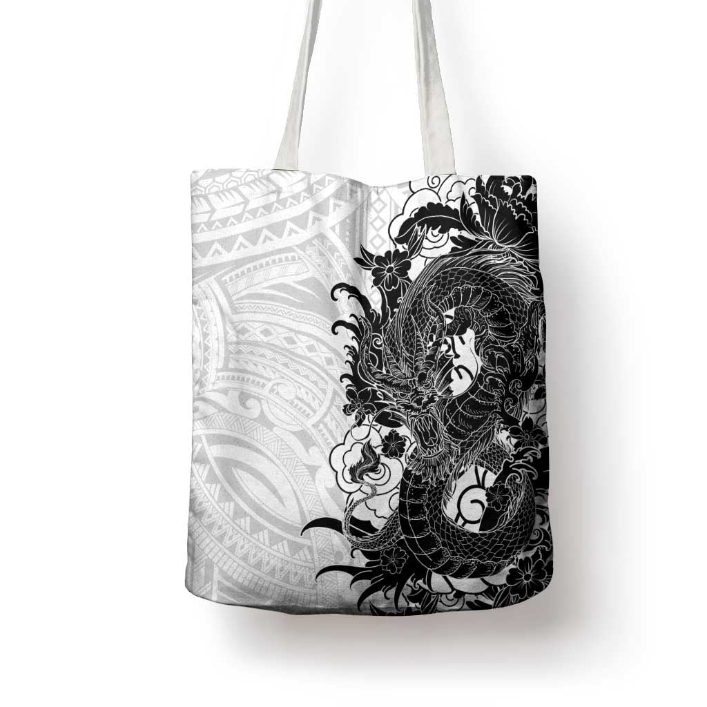 Hawaiian And Japanese Culture Tote Bag Irezumi Dragon With Polynesian Pattern White - Polynesian Pride