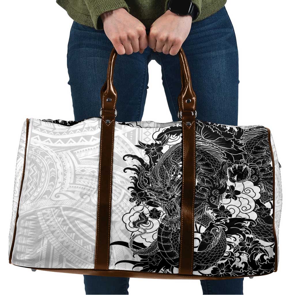 Hawaiian And Japanese Culture Travel Bag Irezumi Dragon With Polynesian Pattern White - Polynesian Pride