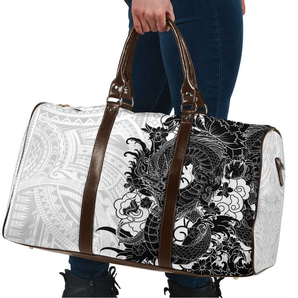 Hawaiian And Japanese Culture Travel Bag Irezumi Dragon With Polynesian Pattern White - Polynesian Pride