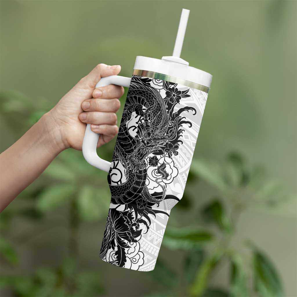 Hawaiian And Japanese Culture Tumbler With Handle Irezumi Dragon With Polynesian Pattern White - Polynesian Pride