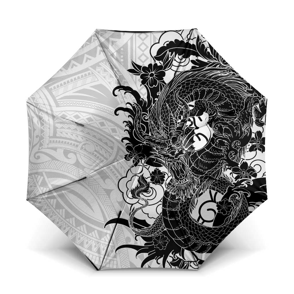 Hawaiian And Japanese Culture Umbrella Irezumi Dragon With Polynesian Pattern White LT05 One Size Folded 11.42 inch Opened Diameter 37.4 inch White - Polynesian Pride