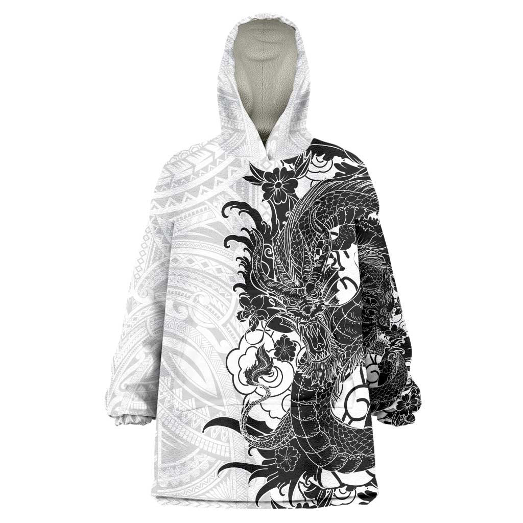 Hawaiian And Japanese Culture Wearable Blanket Hoodie Irezumi Dragon With Polynesian Pattern White LT05 One Size White - Polynesian Pride