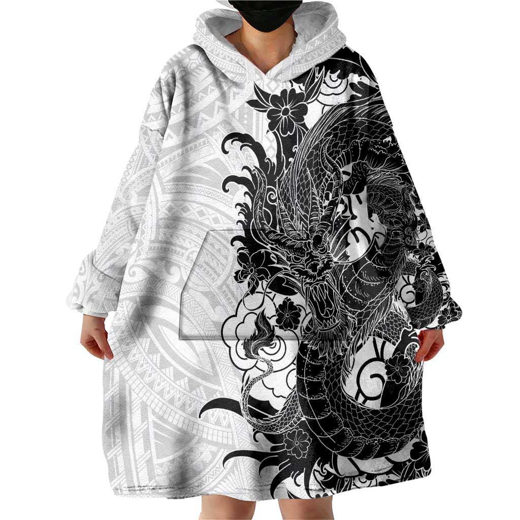 Hawaiian And Japanese Culture Wearable Blanket Hoodie Irezumi Dragon With Polynesian Pattern White LT05 - Polynesian Pride