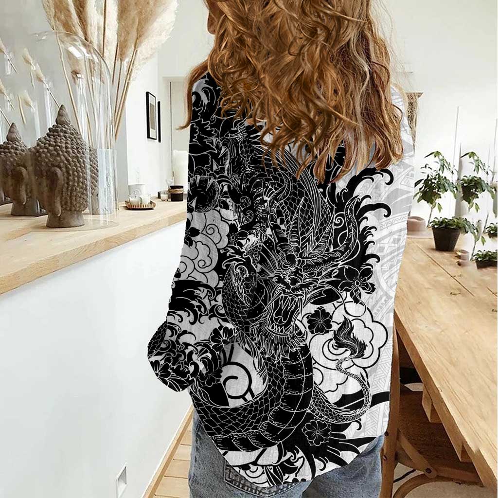Hawaiian And Japanese Culture Women Casual Shirt Irezumi Dragon With Polynesian Pattern White - Polynesian Pride