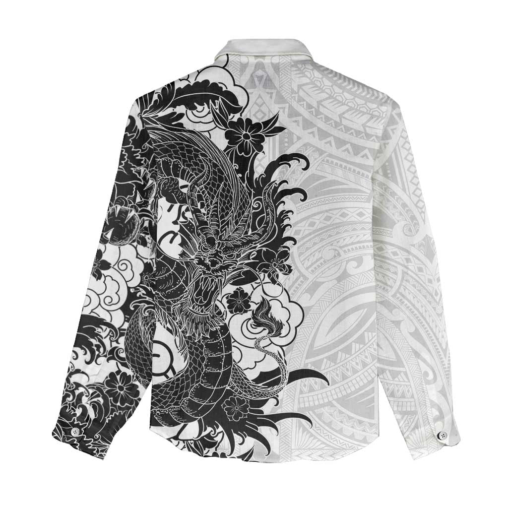 Hawaiian And Japanese Culture Women Casual Shirt Irezumi Dragon With Polynesian Pattern White - Polynesian Pride