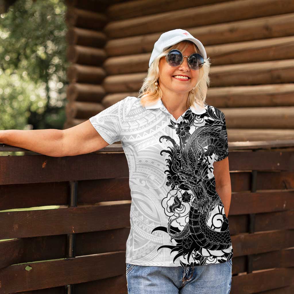 Hawaiian And Japanese Culture Women Polo Shirt Irezumi Dragon With Polynesian Pattern White - Polynesian Pride