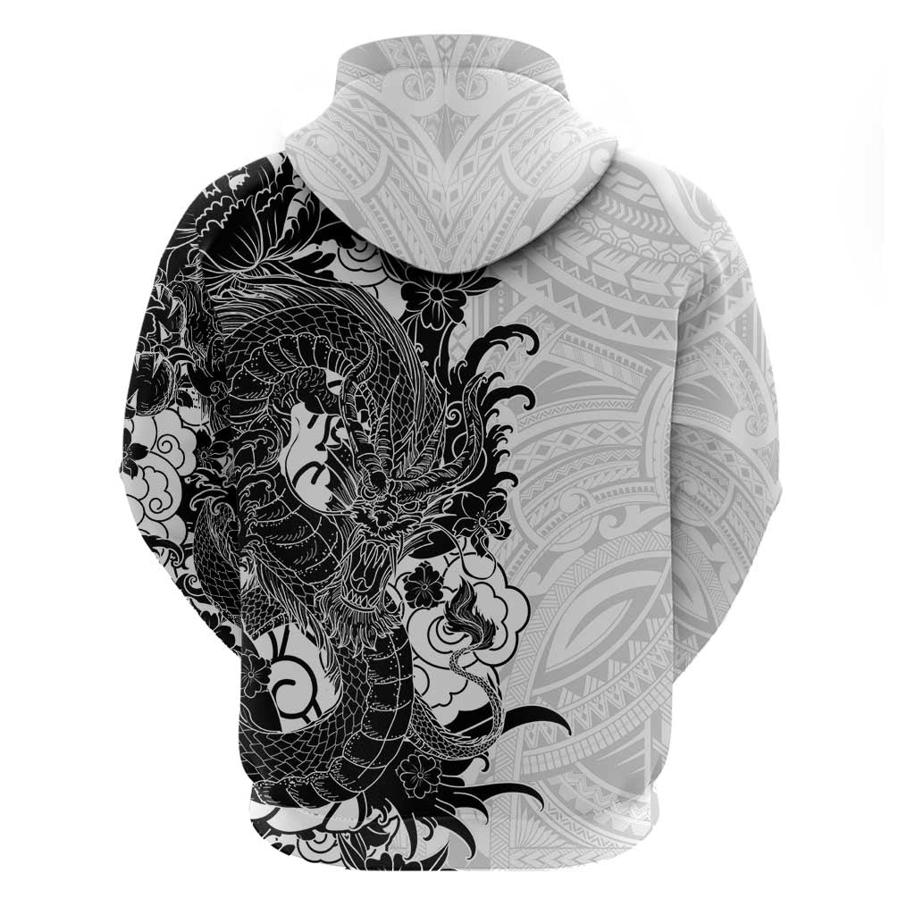 Hawaiian And Japanese Culture Zip Hoodie Irezumi Dragon With Polynesian Pattern White LT05 - Polynesian Pride