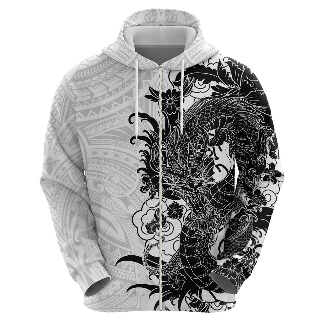 Hawaiian And Japanese Culture Zip Hoodie Irezumi Dragon With Polynesian Pattern White LT05 - Polynesian Pride