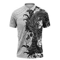 Hawaiian And Japanese Culture Zipper Polo Shirt Irezumi Dragon With Polynesian Pattern White - Polynesian Pride