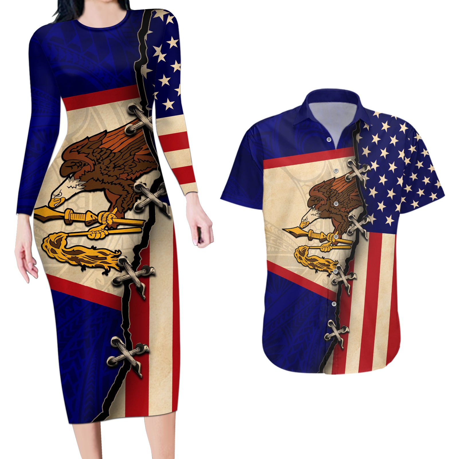 American Samoa Flag Day Couples Matching Long Sleeve Bodycon Dress and Hawaiian Shirt Polynesian Tribal Pattern LT05 Blue - Polynesian Pride